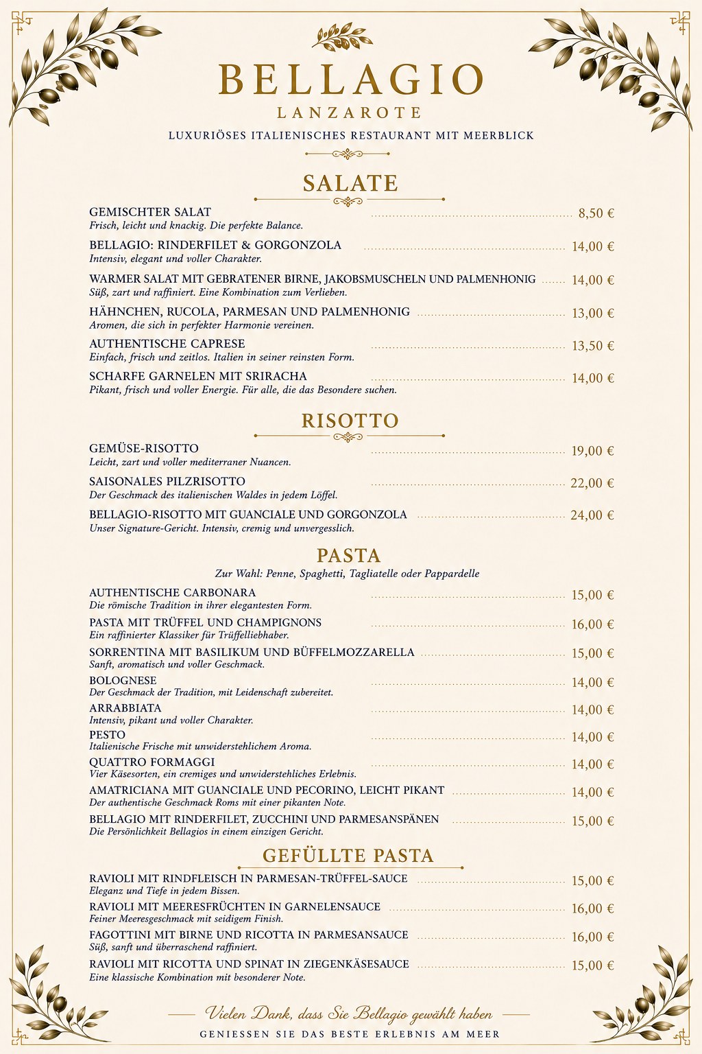 Bellagio Lanzarote Speisekarte — Salate, Risotto und Pasta