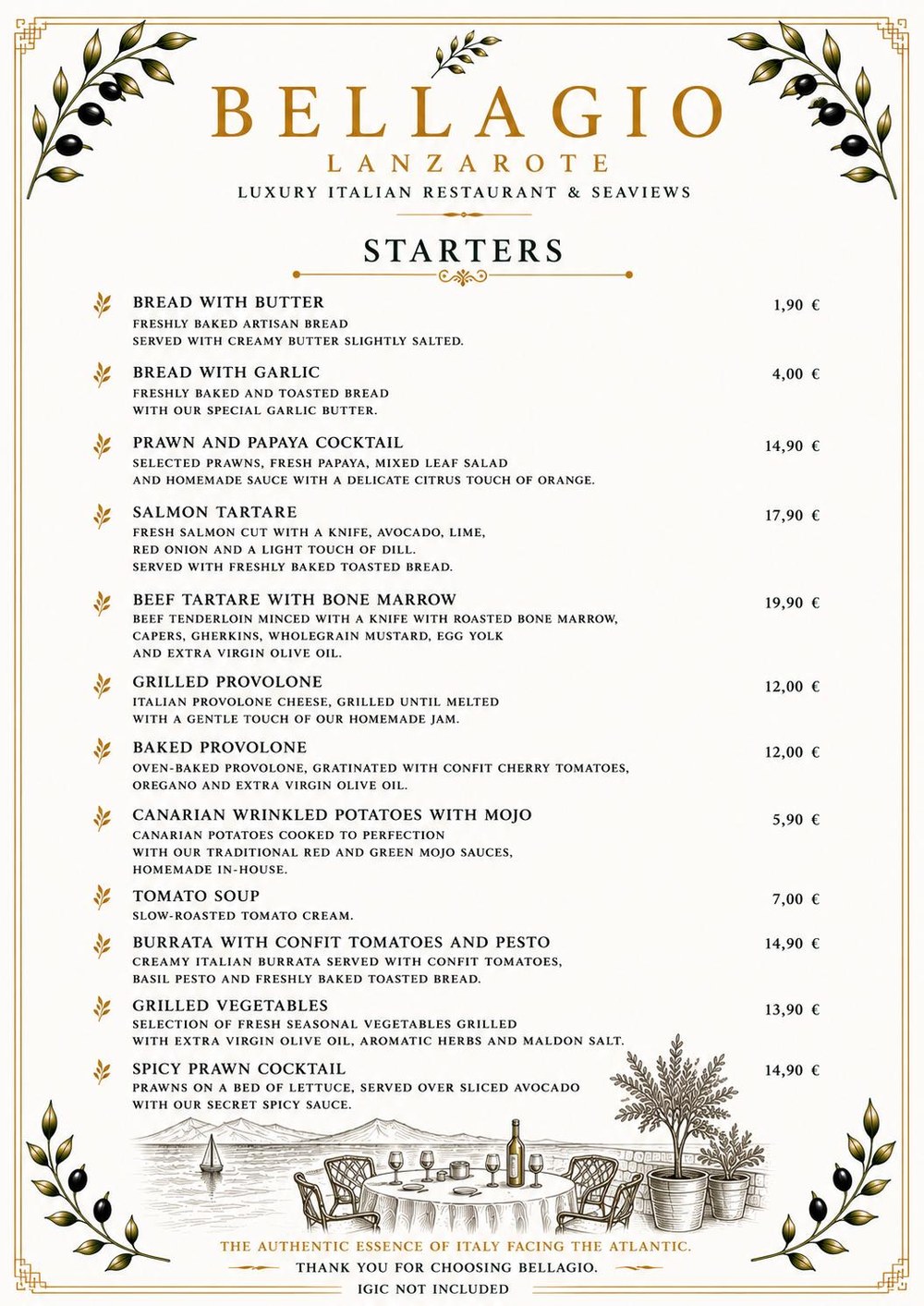 Bellagio Lanzarote Menu — Starters