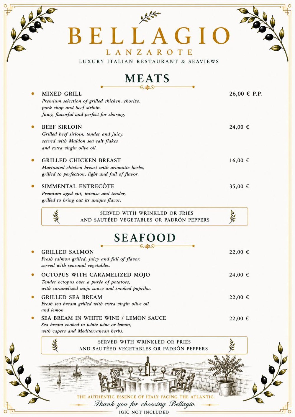Bellagio Lanzarote Menu — Meats and Seafood