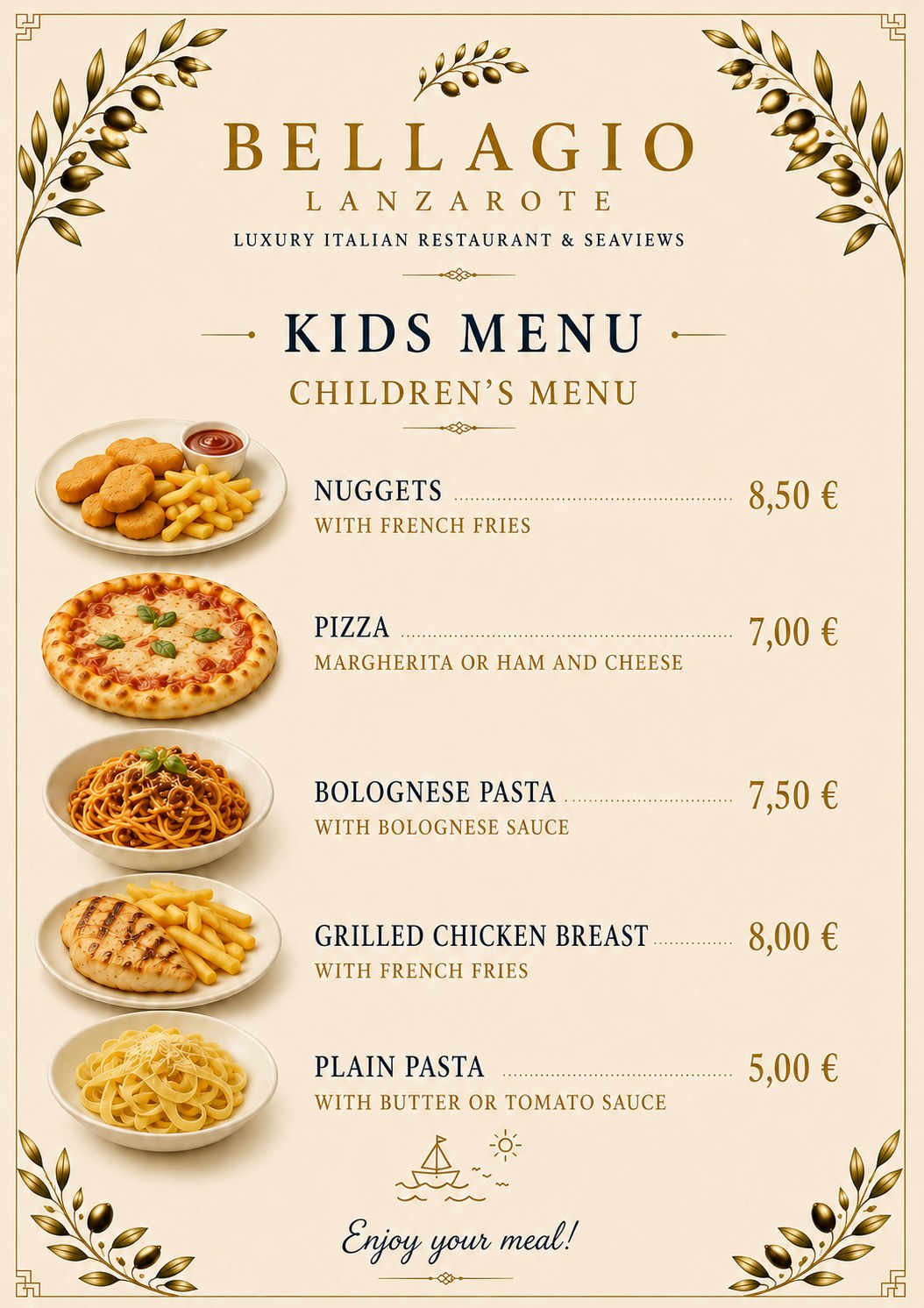 Bellagio Lanzarote — Kids Menu