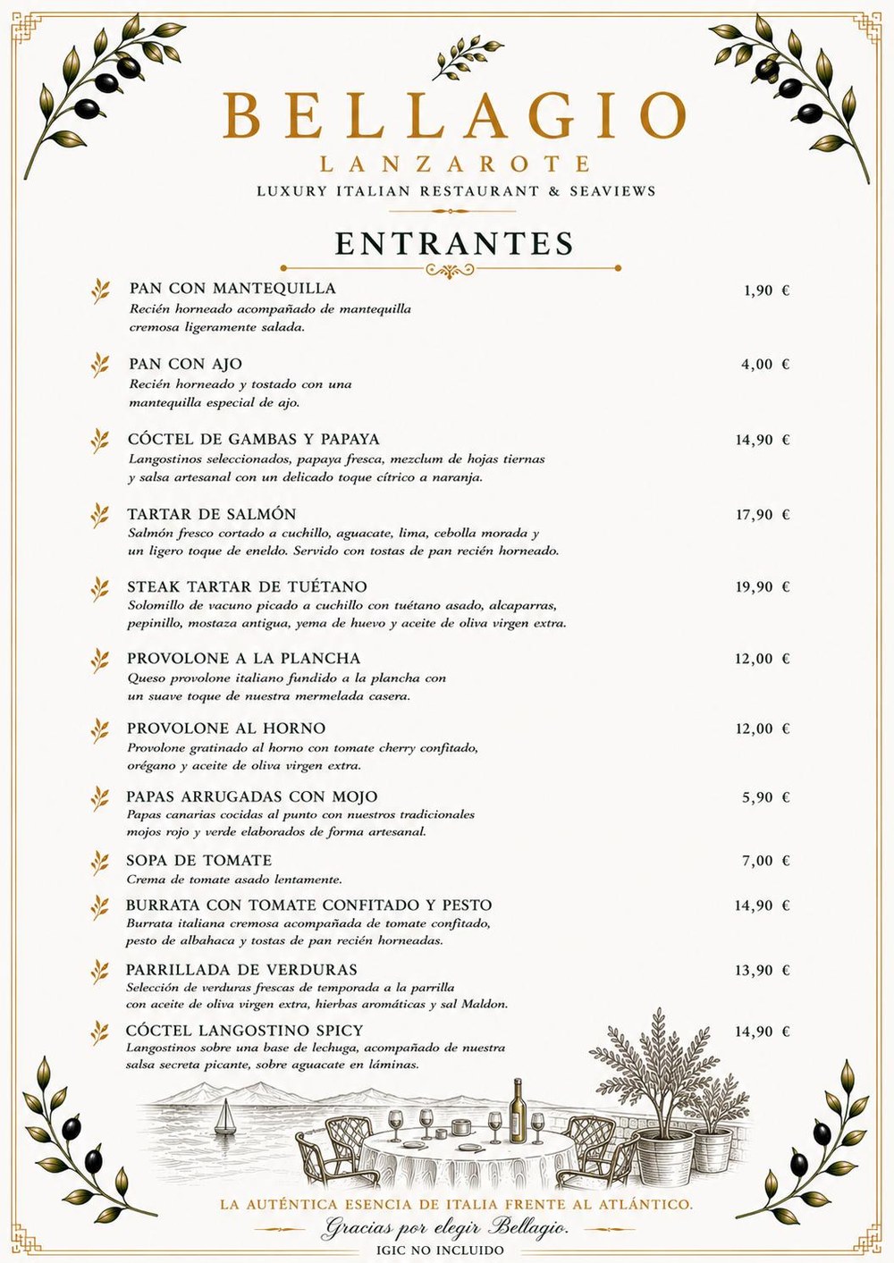 Carta Bellagio Lanzarote — Entrantes